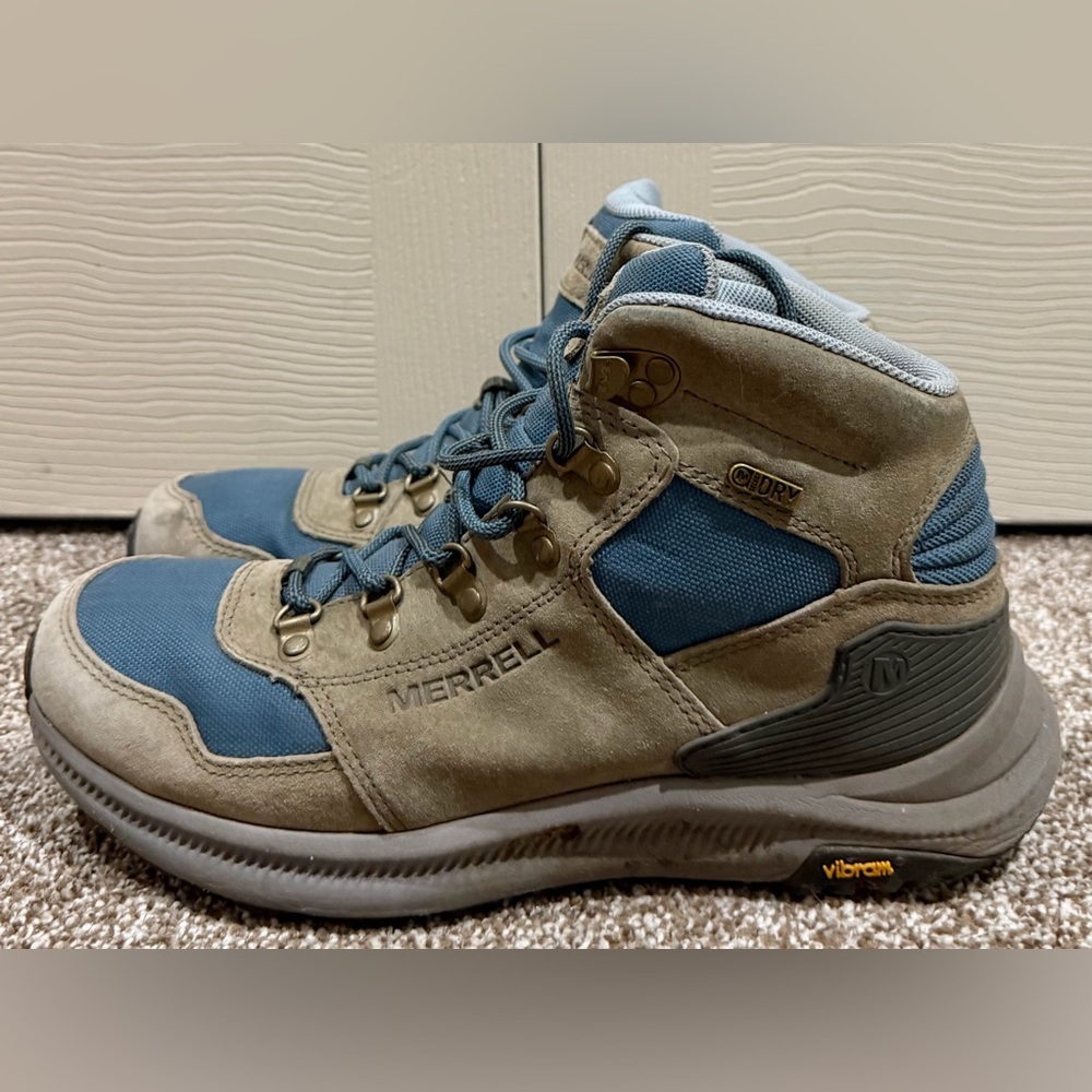 Merrell Ontario Blue Brown Leather Vibram Sole Hiking Boots Size 9.5 MSRP $140
